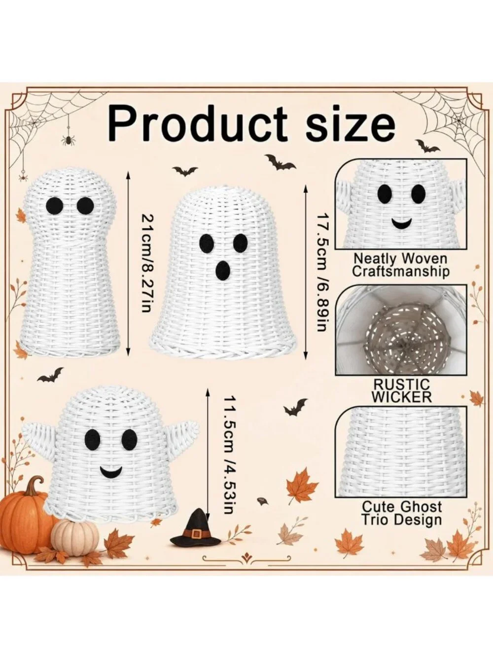 3 Pcs Halloween Wicker Ghost Decor - White Rattan Figurines for Spooky Home